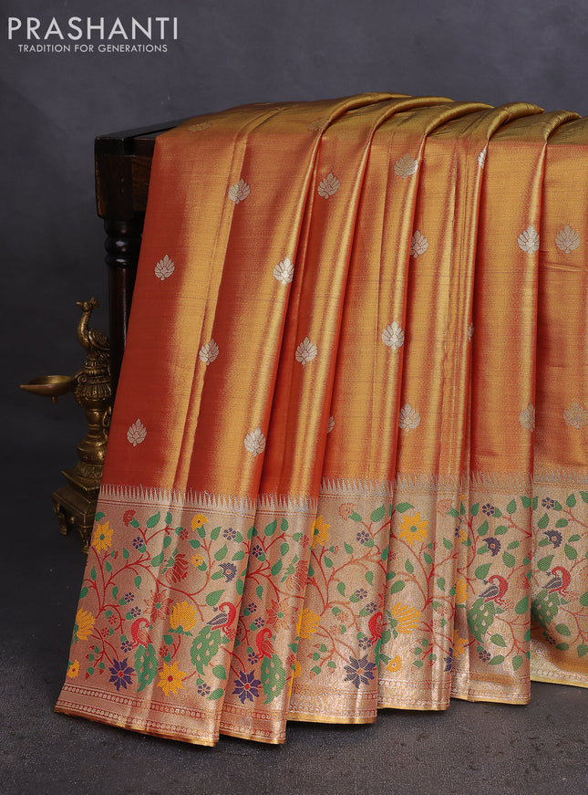 Tissue paithani saree dual shade of gold and maroon with zari woven buttas and zari woven paithani style border
