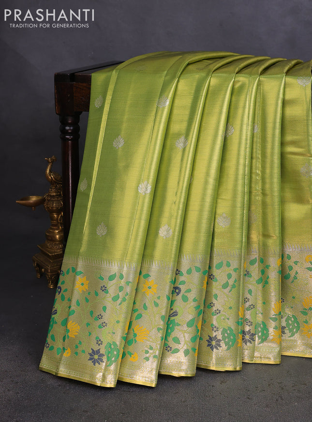 Tissue paithani saree light green with zari woven buttas and zari woven paithani style border