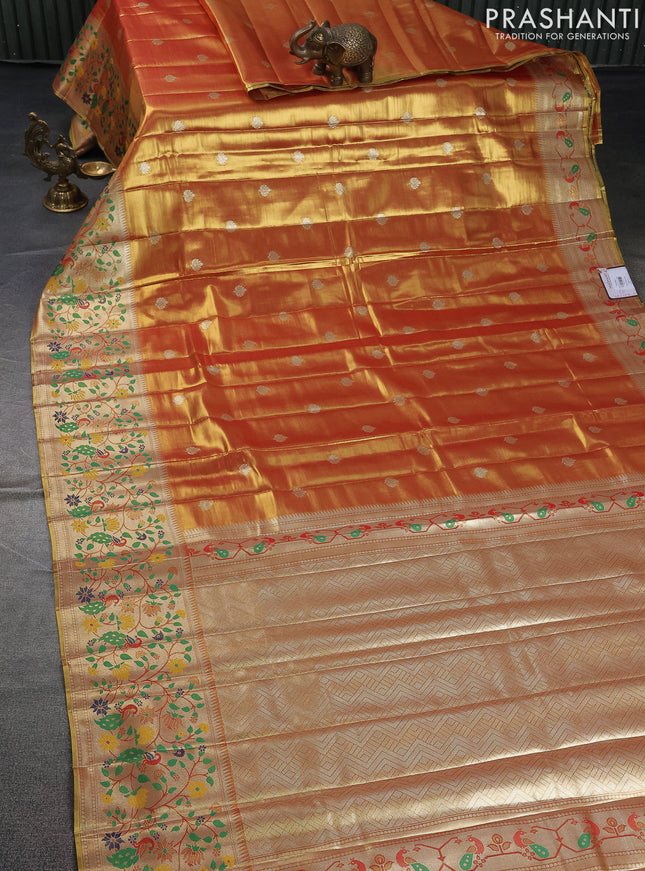 Tissue paithani saree dual shade of reddish gold with zari woven buttas and zari woven paithani style border