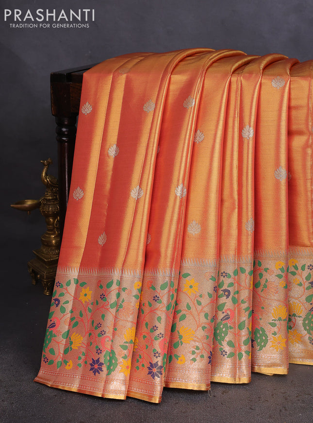 Tissue paithani saree dual shade of peach pink with zari woven buttas and zari woven paithani style border