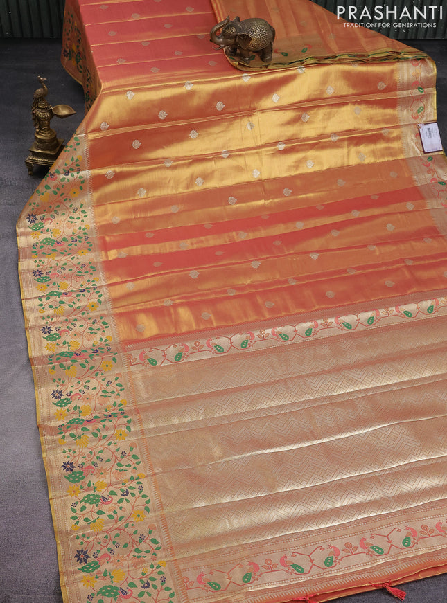 Tissue paithani saree dual shade of peach pink with zari woven buttas and zari woven paithani style border