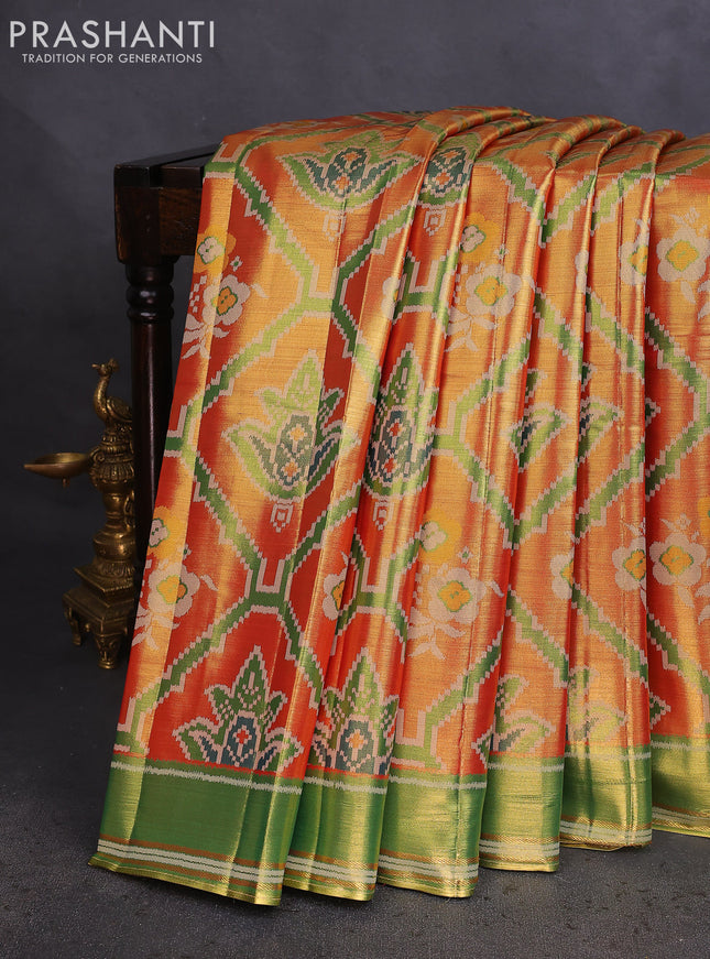 Tissue paithani saree dual shade of reddish gold and green with allover ikat thread weaves and rettapet border