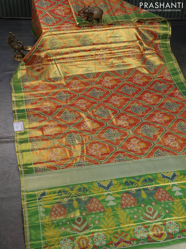 Tissue paithani saree dual shade of reddish gold and green with allover ikat thread weaves and rettapet border