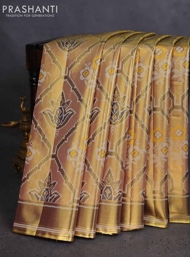 Tissue paithani saree dual shade of gold and mehendi green with allover ikat thread weaves and rettapet border