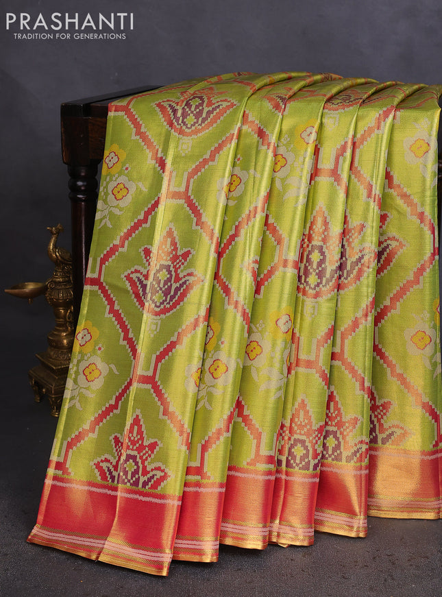 Tissue paithani saree light green and pink with allover ikat thread weaves and rettapet border