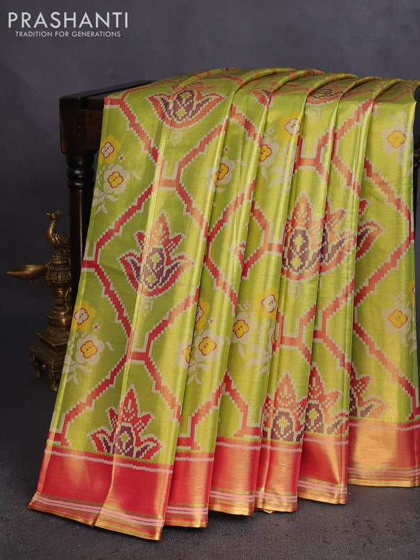 Tissue paithani saree light green and pink with allover ikat thread weaves and rettapet border