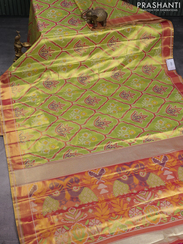 Tissue paithani saree light green and pink with allover ikat thread weaves and rettapet border