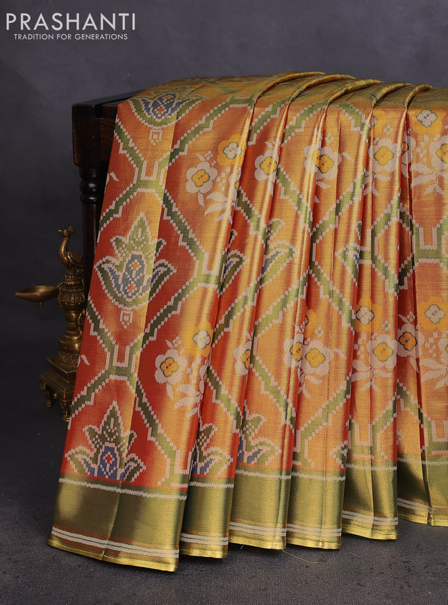 Tissue paithani saree dual shade of gold and green with allover ikat thread weaves and rettapet border