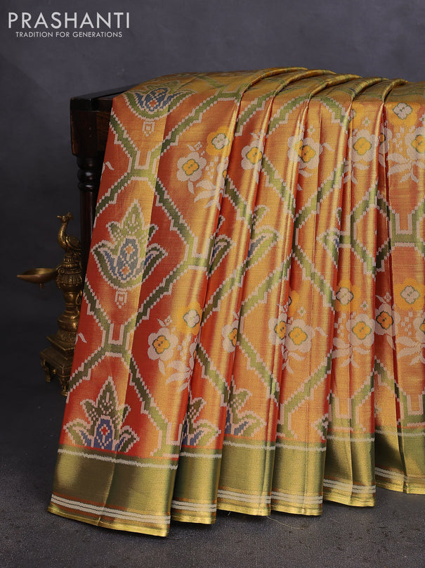 Tissue paithani saree dual shade of gold and green with allover ikat thread weaves and rettapet border