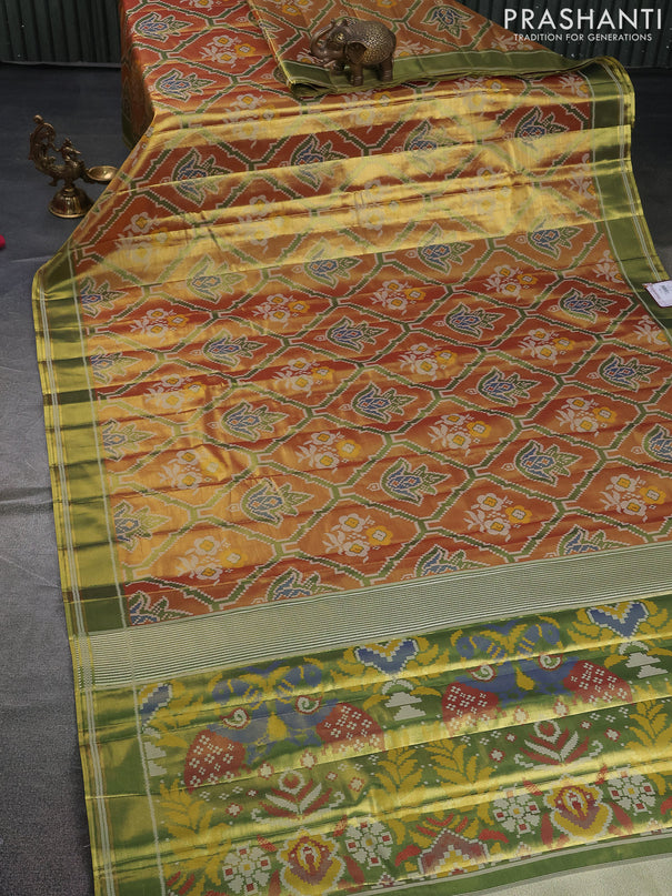 Tissue paithani saree dual shade of gold and green with allover ikat thread weaves and rettapet border