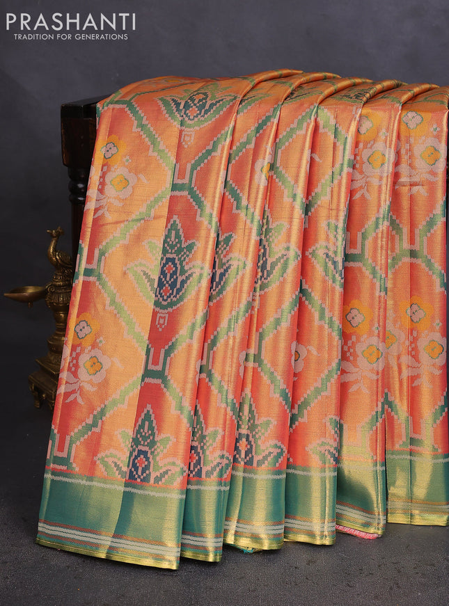 Tissue paithani saree dual shade of peach pink and teal green with allover ikat thread weaves and rettapet border