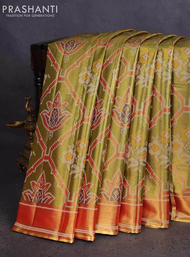 Tissue paithani saree mehendi green and red with allover ikat thread weaves and rettapet border