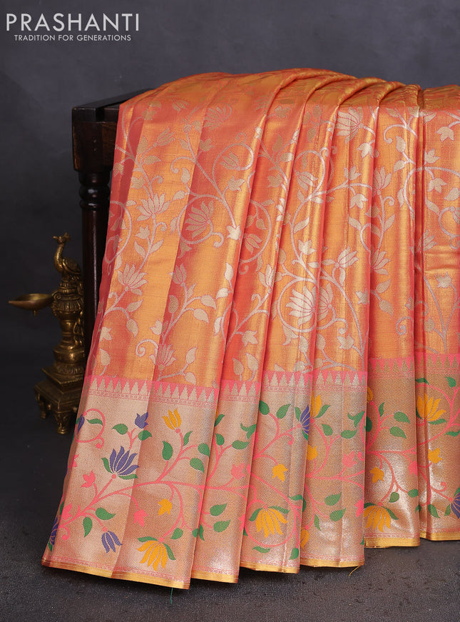 Tissue paithani saree dual shade of peach pink with allover floral zari weaves and zari woven paithani style border