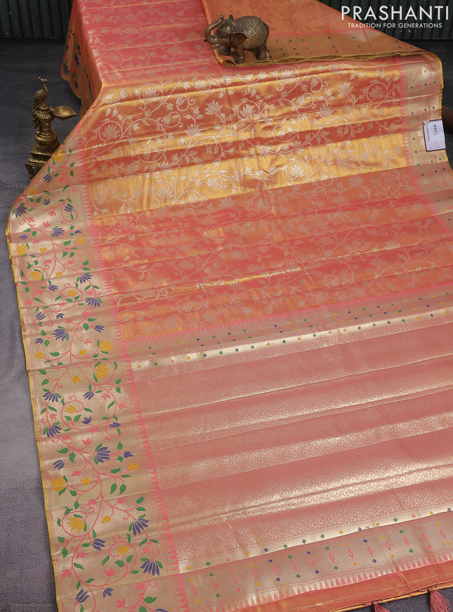 Tissue paithani saree dual shade of peach pink with allover floral zari weaves and zari woven paithani style border