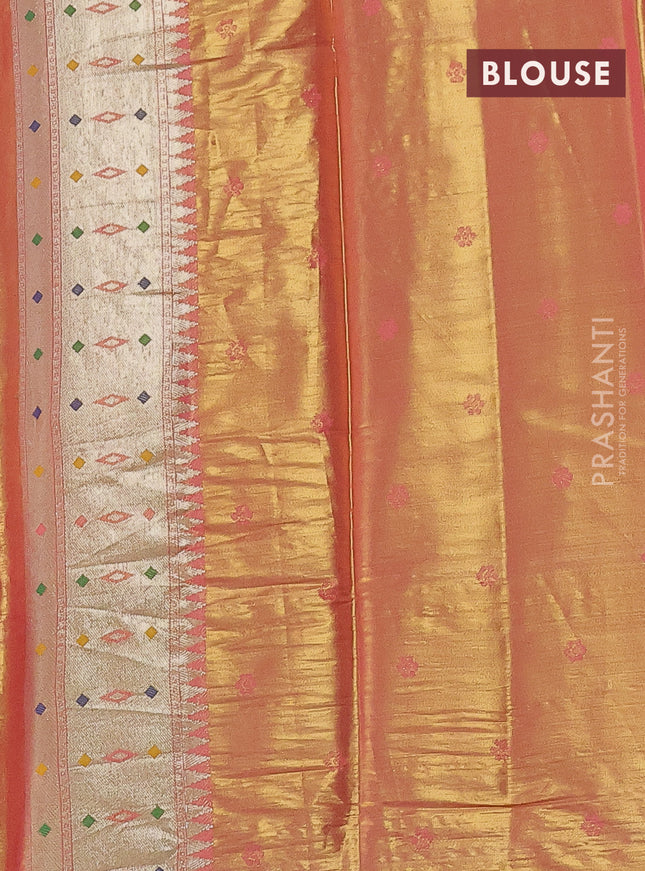 Tissue paithani saree dual shade of peach pink with allover floral zari weaves and zari woven paithani style border