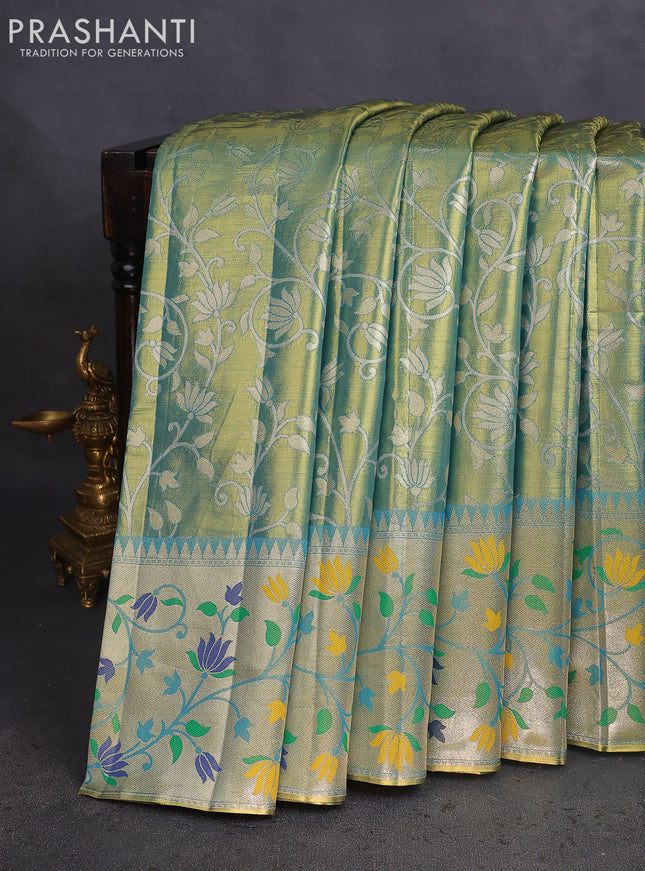 Tissue paithani saree dual shade of teal blue with allover floral zari weaves and zari woven paithani style border
