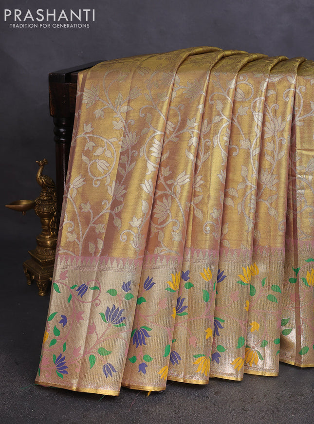 Tissue paithani saree dual shade of gold and pastel pink with allover floral zari weaves and zari woven paithani style border