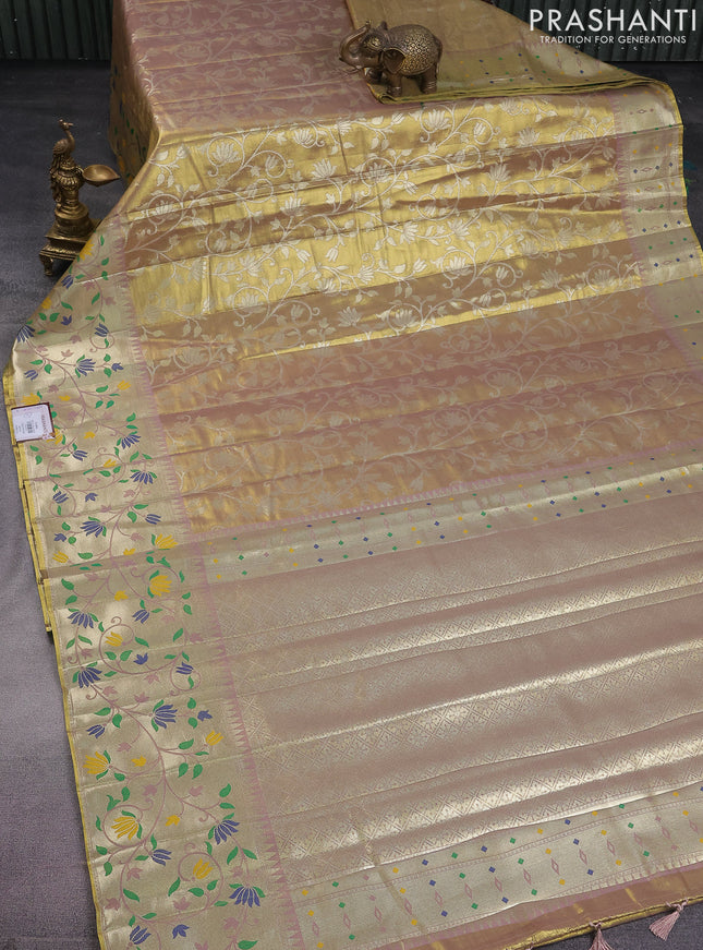 Tissue paithani saree dual shade of gold and pastel pink with allover floral zari weaves and zari woven paithani style border