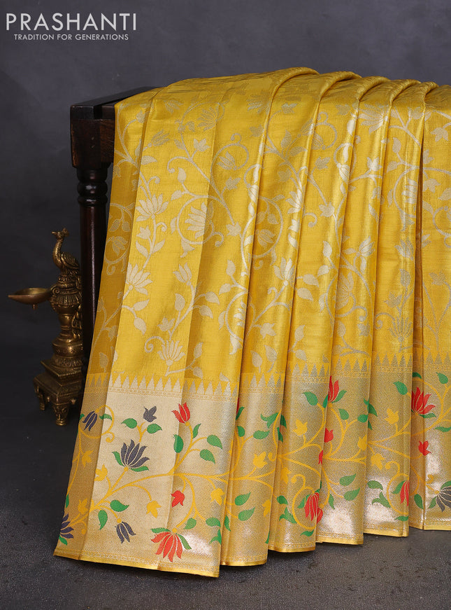 Tissue paithani saree yellow with allover floral zari weaves and zari woven paithani style border