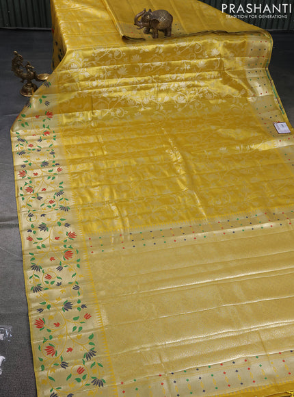 Tissue paithani saree yellow with allover floral zari weaves and zari woven paithani style border