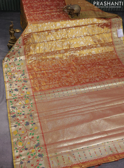 Tissue paithani saree dual shade of gold and rust shade with allover floral zari weaves and zari woven paithani style border