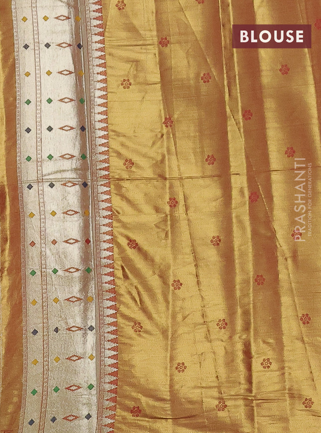 Tissue paithani saree dual shade of gold and rust shade with allover floral zari weaves and zari woven paithani style border