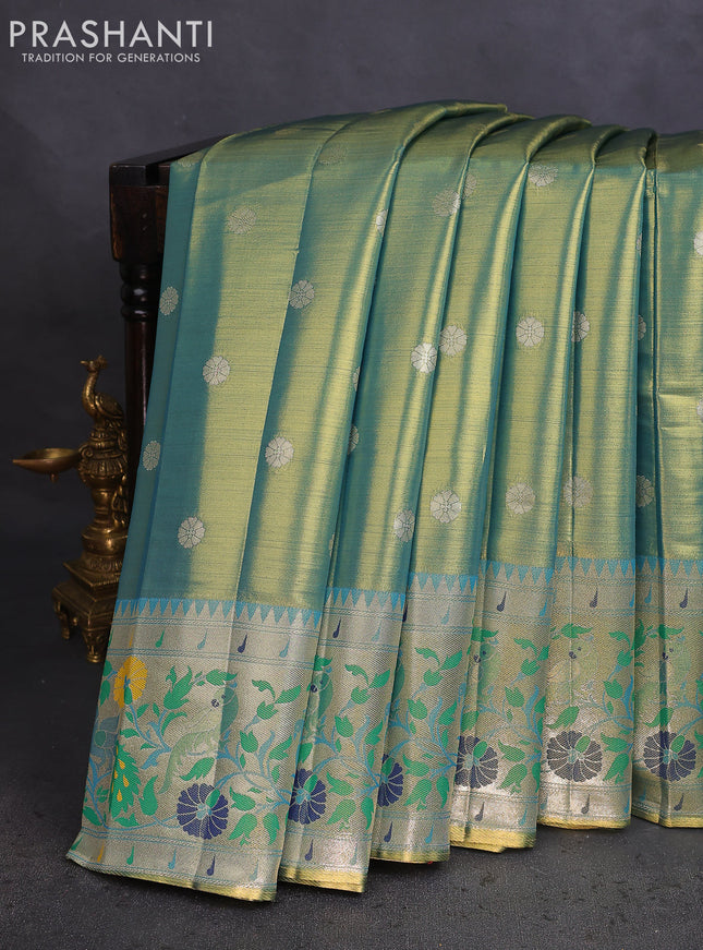 Tissue paithani saree dual shade of teal blue with zari woven buttas and zari woven paithani style border