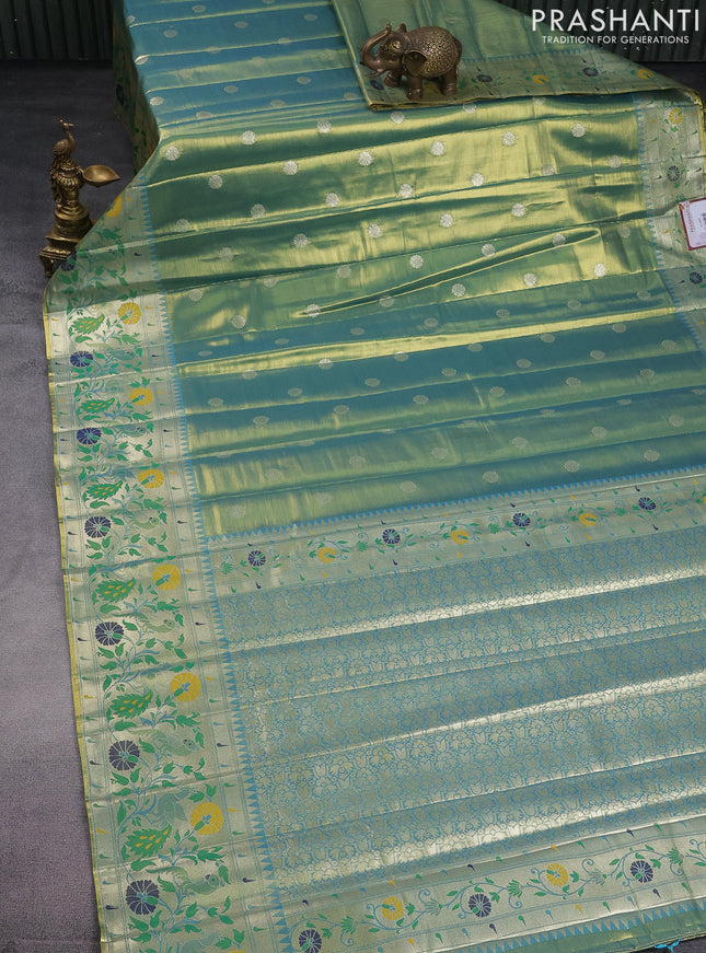 Tissue paithani saree dual shade of teal blue with zari woven buttas and zari woven paithani style border