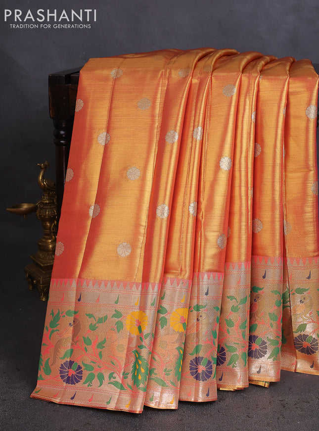 Tissue paithani saree dual shade of peach pink with zari woven buttas and zari woven paithani style border