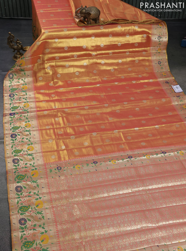Tissue paithani saree dual shade of peach pink with zari woven buttas and zari woven paithani style border
