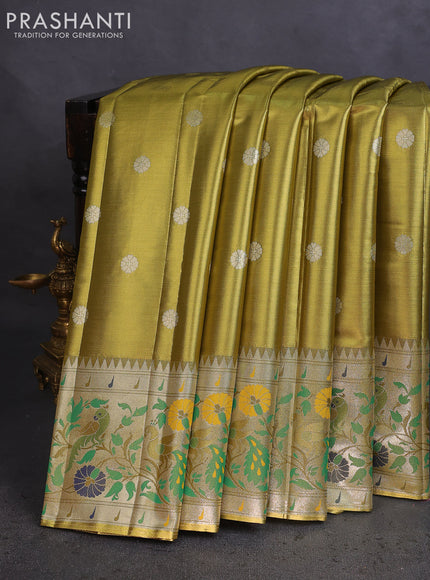 Tissue paithani saree mehendi green with zari woven buttas and zari woven paithani style border