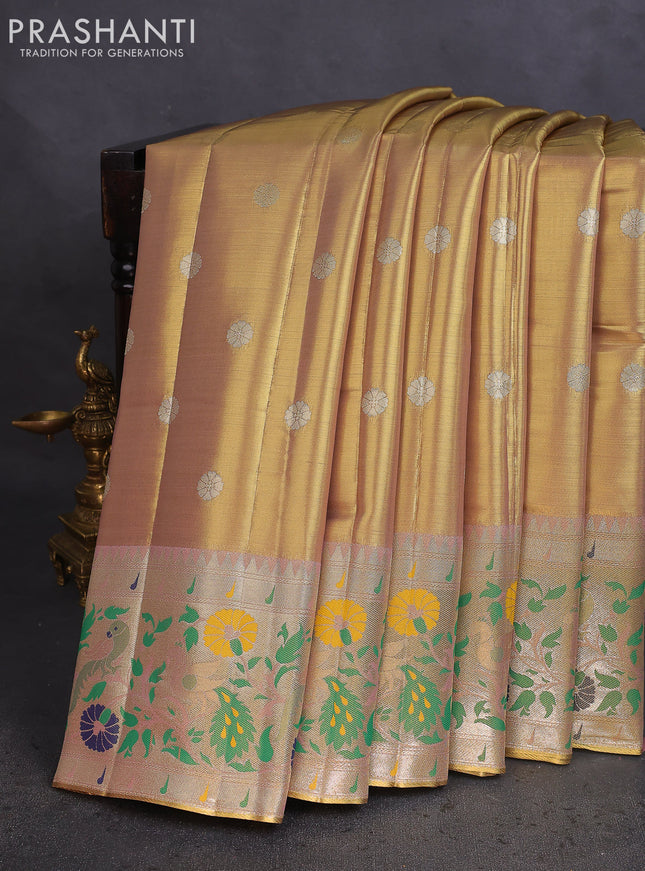 Tissue paithani saree dual shade of gold and pastel pink with zari woven buttas and zari woven paithani style border