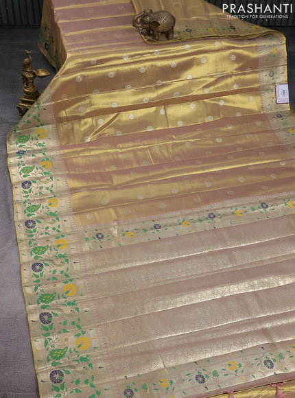 Tissue paithani saree dual shade of gold and pastel pink with zari woven buttas and zari woven paithani style border
