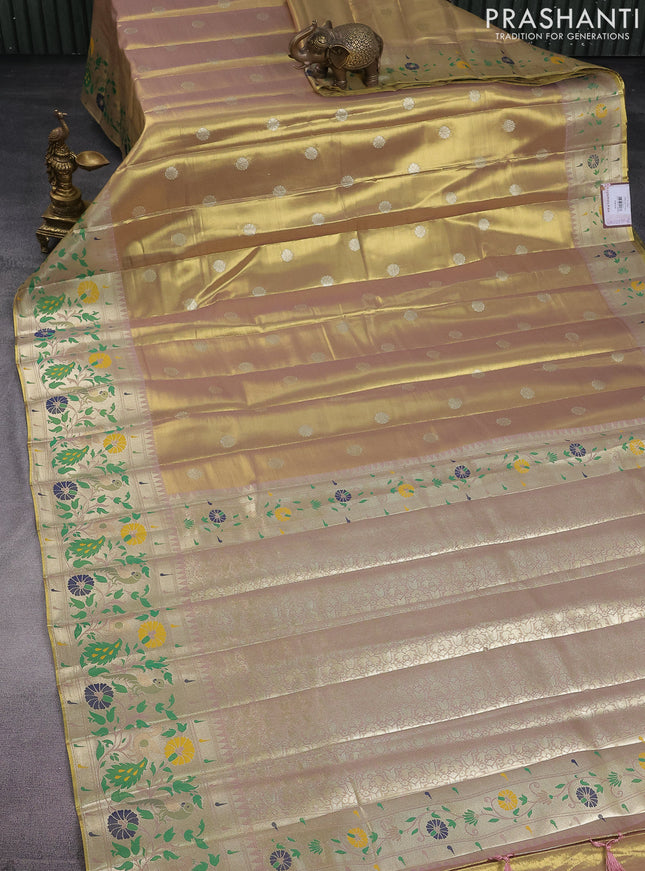 Tissue paithani saree dual shade of gold and pastel pink with zari woven buttas and zari woven paithani style border