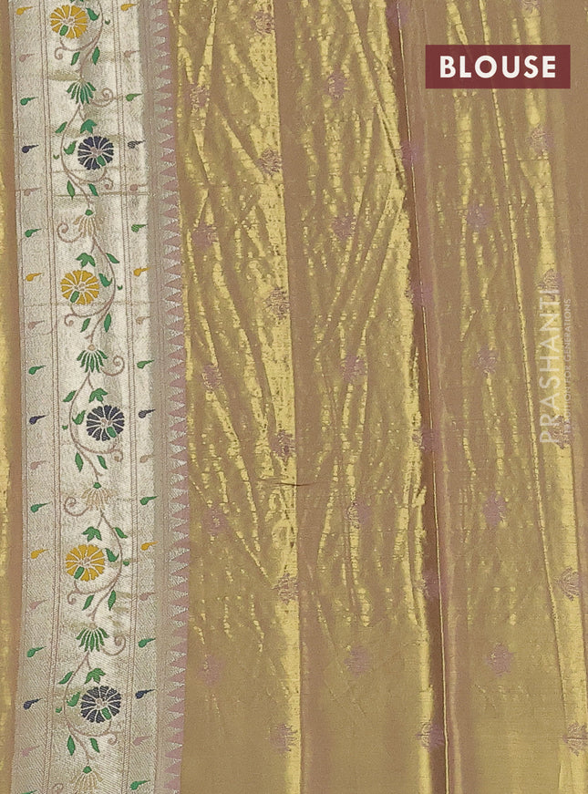 Tissue paithani saree dual shade of gold and pastel pink with zari woven buttas and zari woven paithani style border