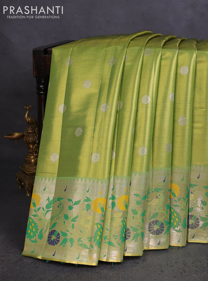 Tissue paithani saree light green with zari woven buttas and zari woven paithani style border