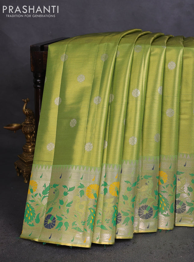 Tissue paithani saree light green with zari woven buttas and zari woven paithani style border