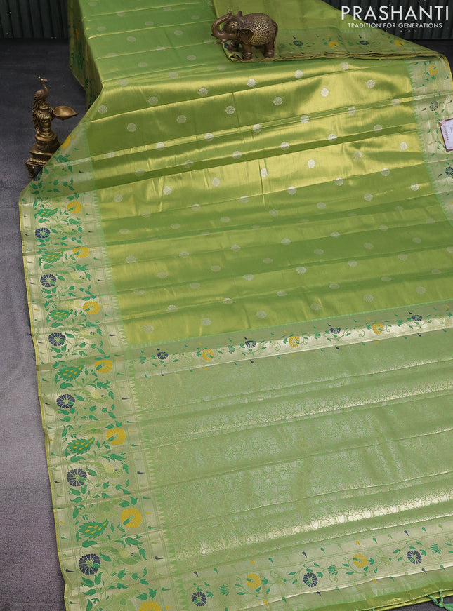 Tissue paithani saree light green with zari woven buttas and zari woven paithani style border