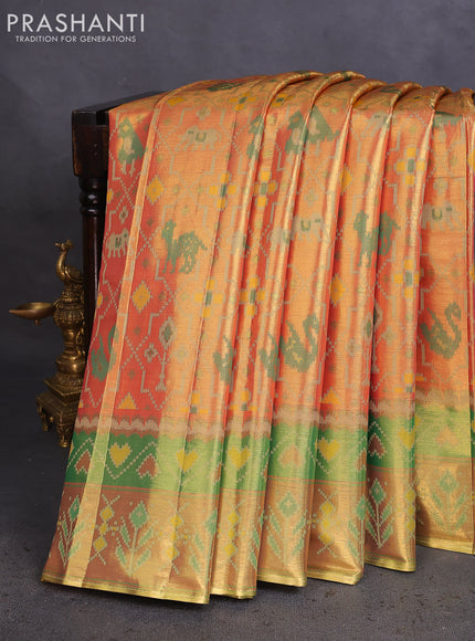 Tissue paithani saree dual shade of peach pink and green with allover ikat thread weaves and paithani style border