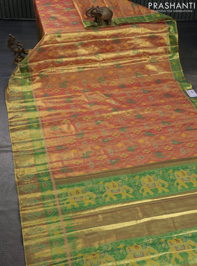 Tissue paithani saree dual shade of peach pink and green with allover ikat thread weaves and paithani style border