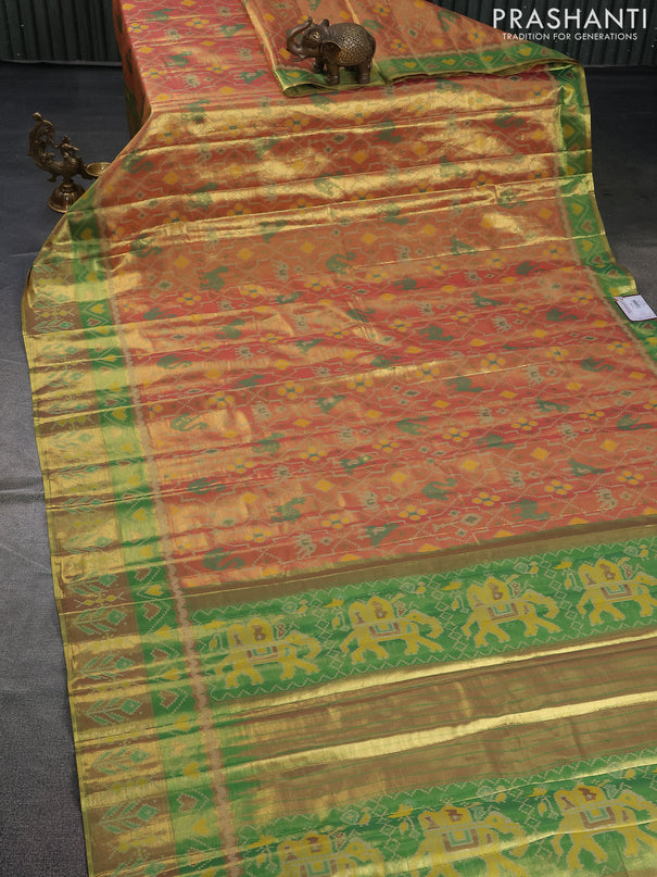 Tissue paithani saree dual shade of peach pink and green with allover ikat thread weaves and paithani style border