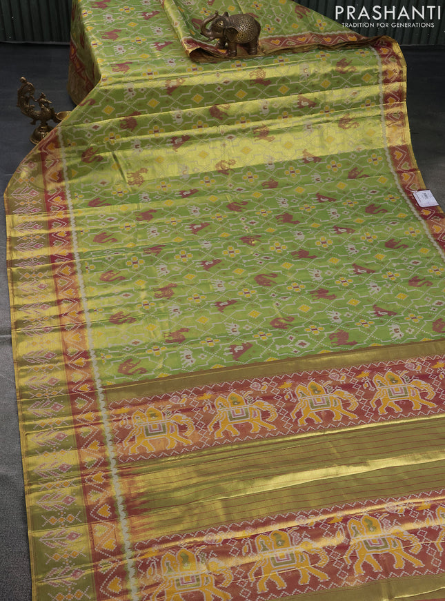 Tissue paithani saree light green and pink with allover ikat thread weaves and paithani style border