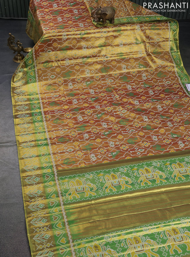 Tissue paithani saree dual shade of goldish maroon and green with allover ikat thread weaves and paithani style border
