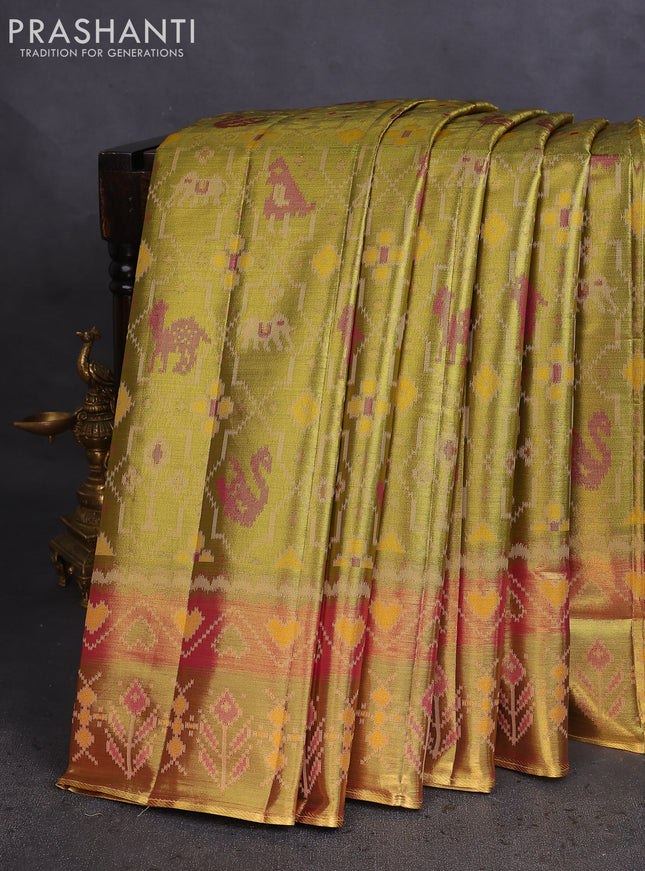 Tissue paithani saree mehendi green and magenta pink with allover ikat thread weaves and paithani style border