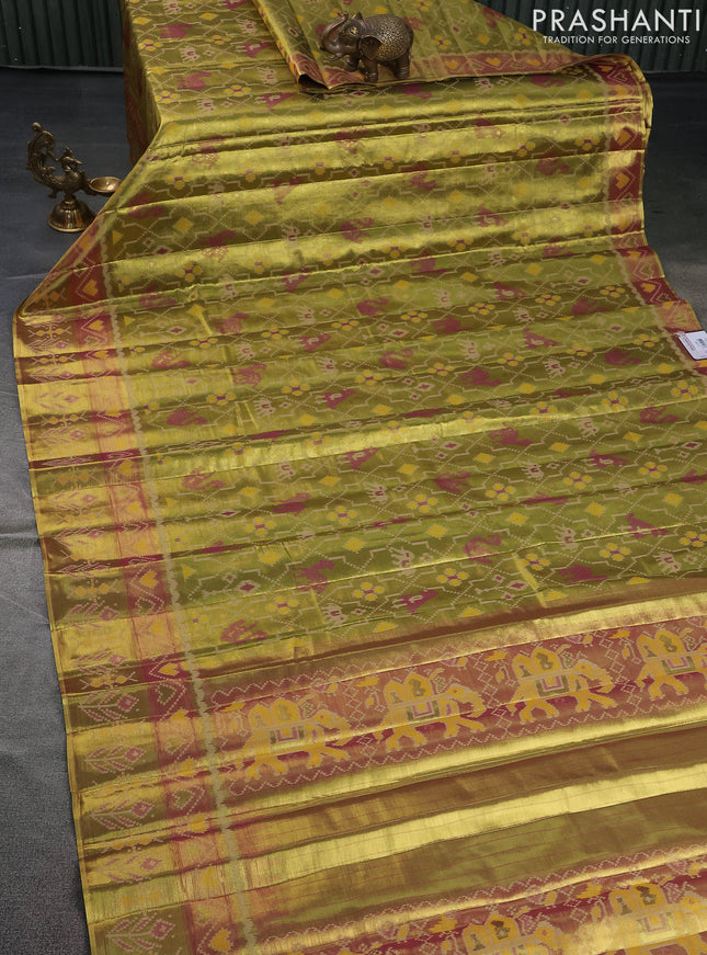 Tissue paithani saree mehendi green and magenta pink with allover ikat thread weaves and paithani style border