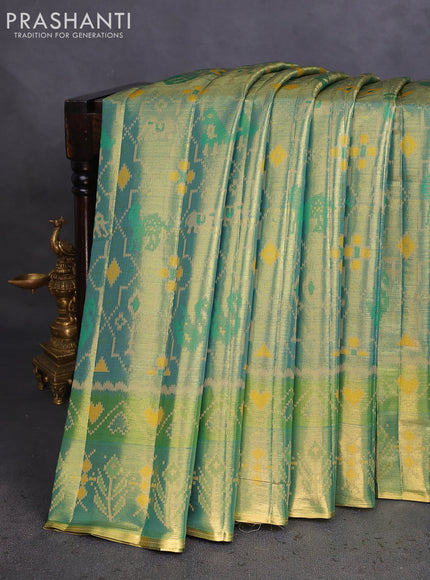 Tissue paithani saree dual shade of teal blue and green with allover ikat thread weaves and paithani style border