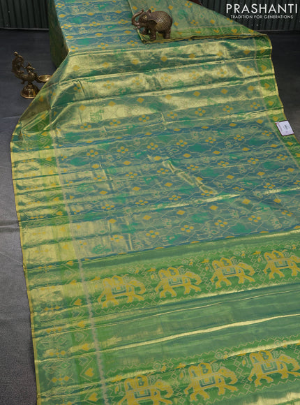 Tissue paithani saree dual shade of teal blue and green with allover ikat thread weaves and paithani style border