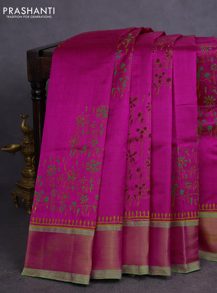 Silk cotton block printed saree pink and light green with prints and zari woven border