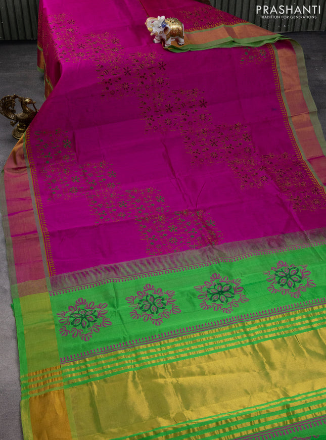 Silk cotton block printed saree pink and light green with prints and zari woven border