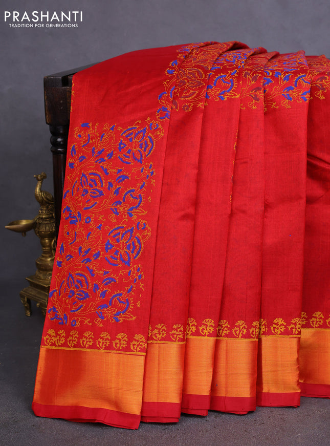 Silk cotton block printed saree red with butta prints and zari woven border